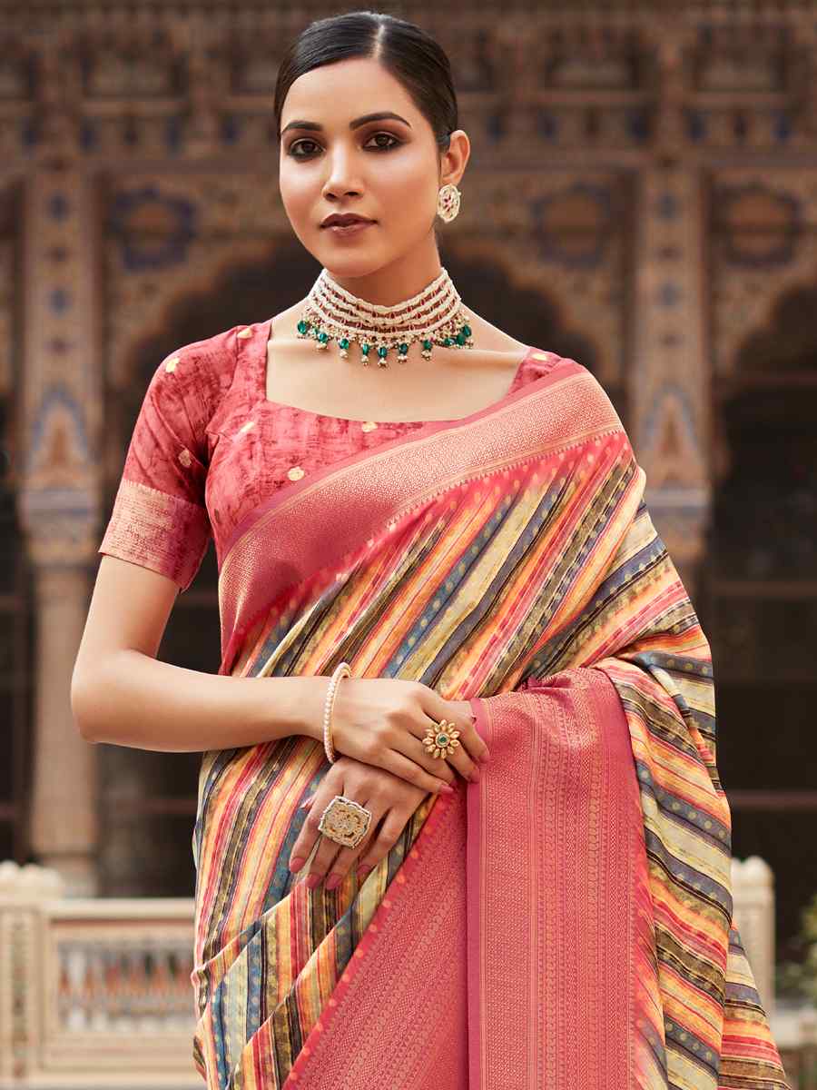 Peach Soft Tissue Silk Handwoven Festival Wedding Heavy Border Saree