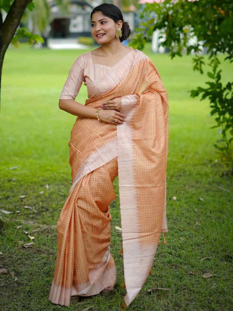 Peach Soft Tussar Silk Handwoven Festival Casual Classic Style Saree