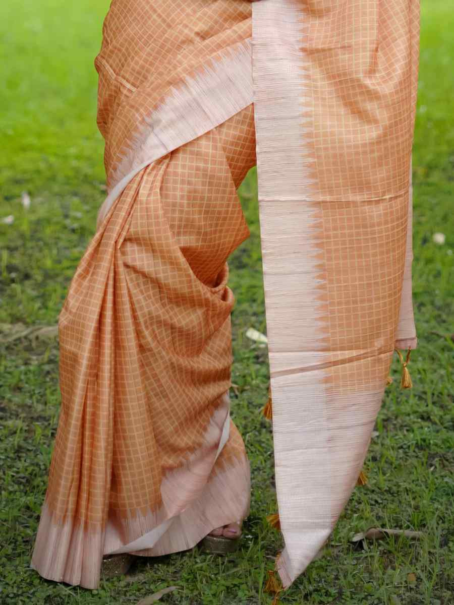 Peach Soft Tussar Silk Handwoven Festival Casual Classic Style Saree