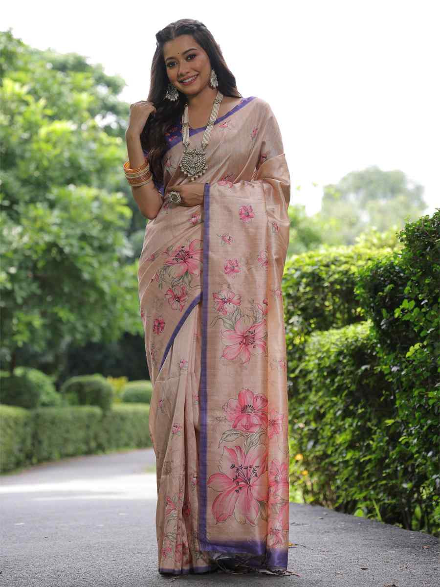 Peach Soft Tussar Silk Handwoven Festival Casual Classic Style Saree