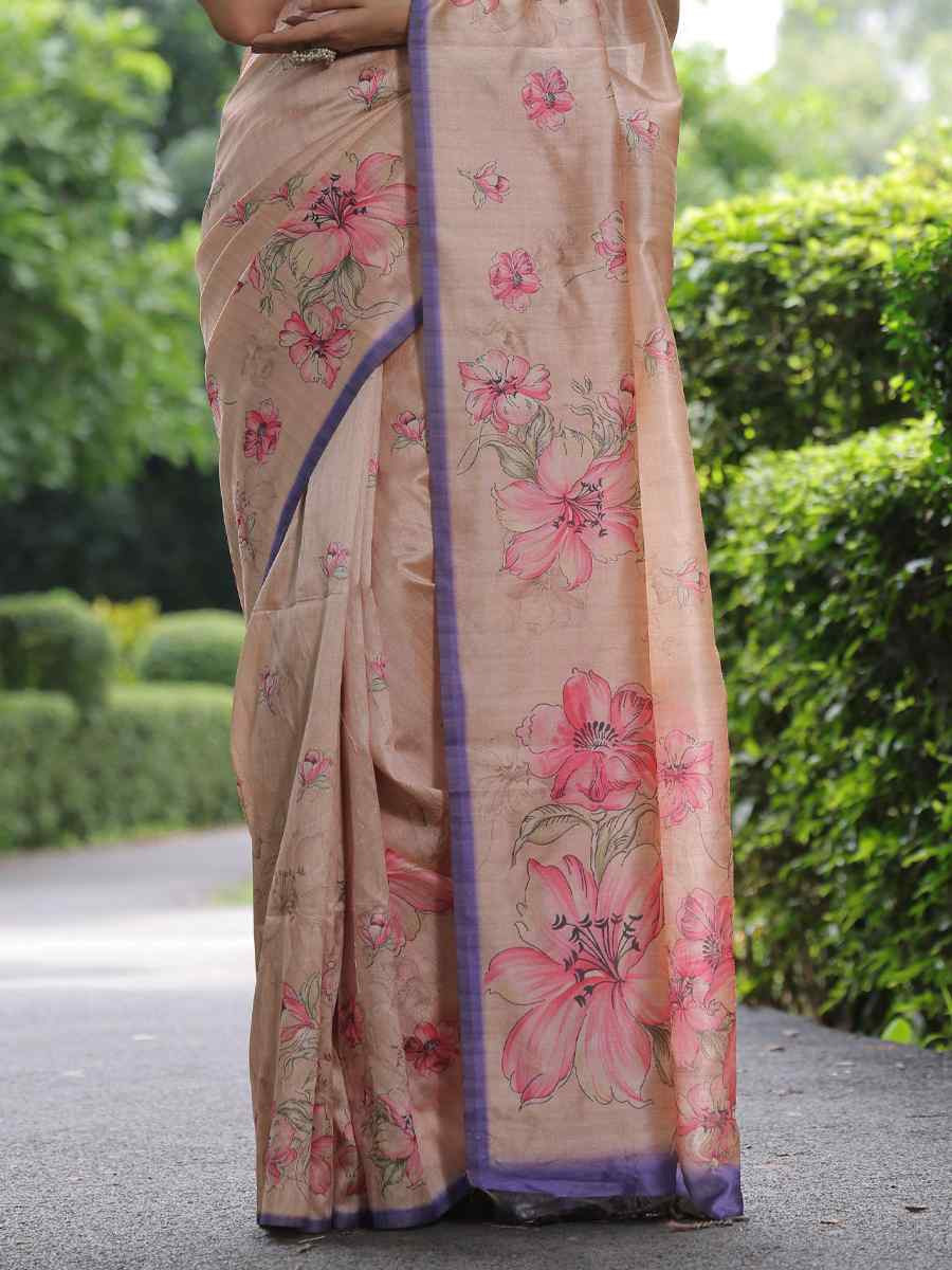 Peach Soft Tussar Silk Handwoven Festival Casual Classic Style Saree