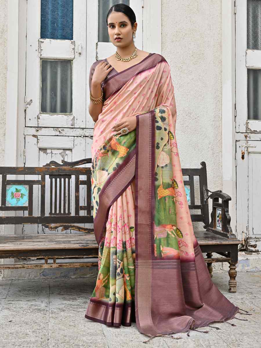 Peach Soft Tussar Silk Printed Festival Casual Contemporary Saree