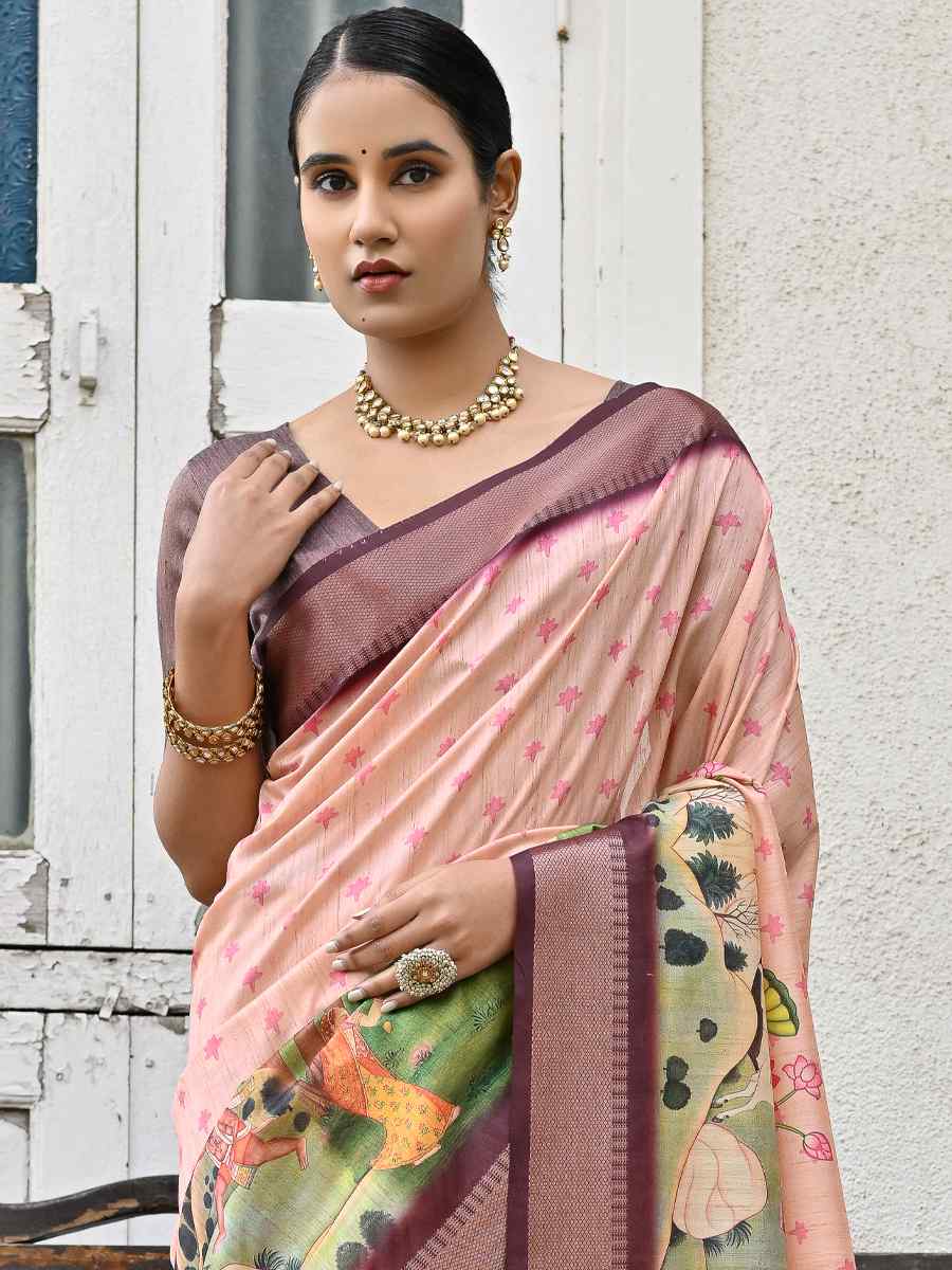 Peach Soft Tussar Silk Printed Festival Casual Contemporary Saree