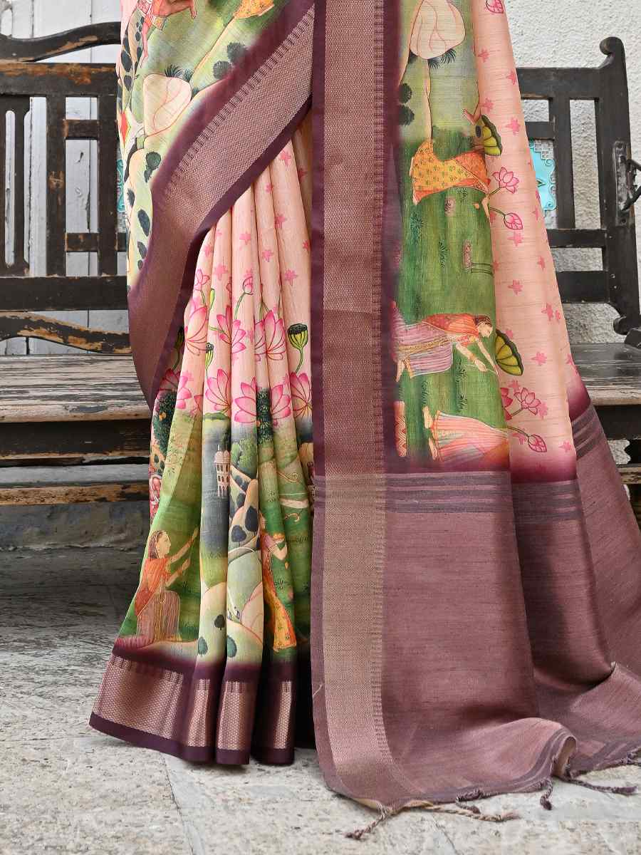 Peach Soft Tussar Silk Printed Festival Casual Contemporary Saree