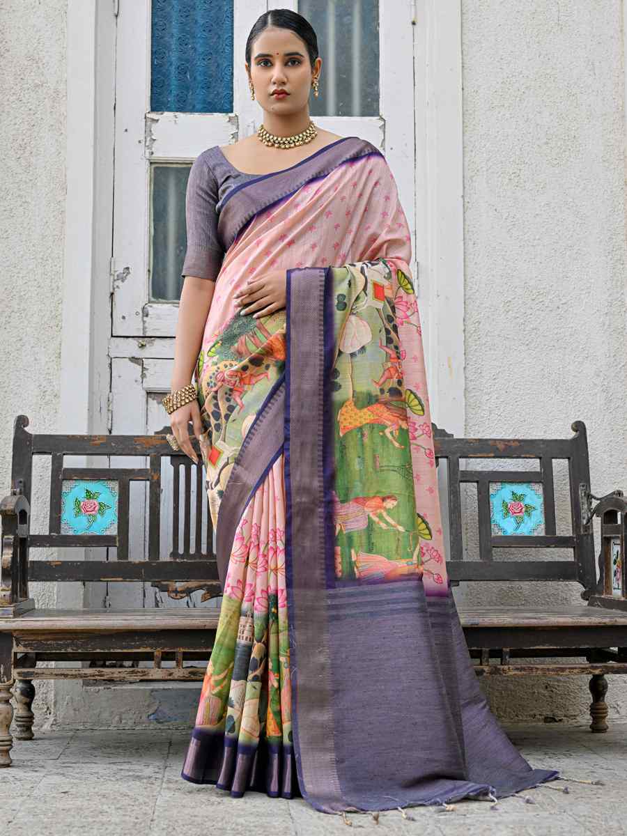 Peach Soft Tussar Silk Printed Festival Casual Contemporary Saree