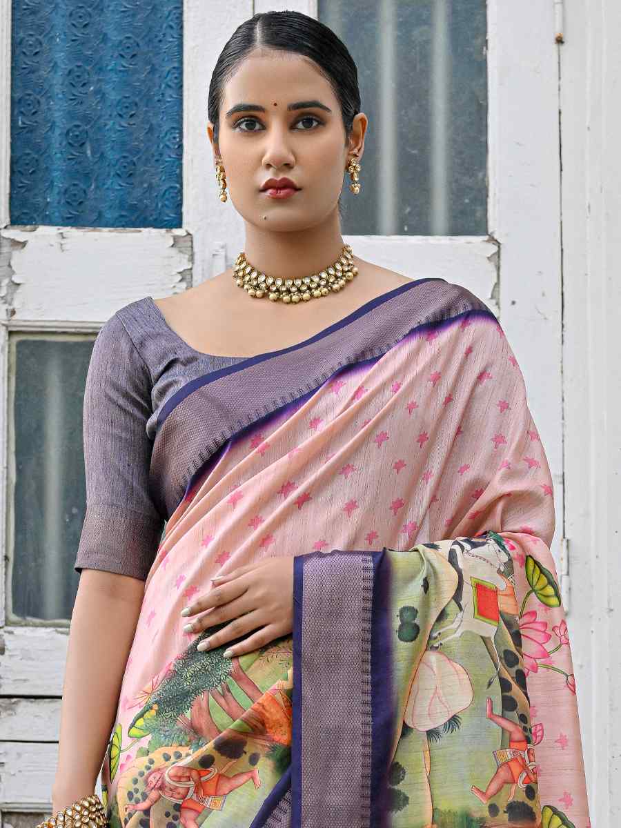 Peach Soft Tussar Silk Printed Festival Casual Contemporary Saree