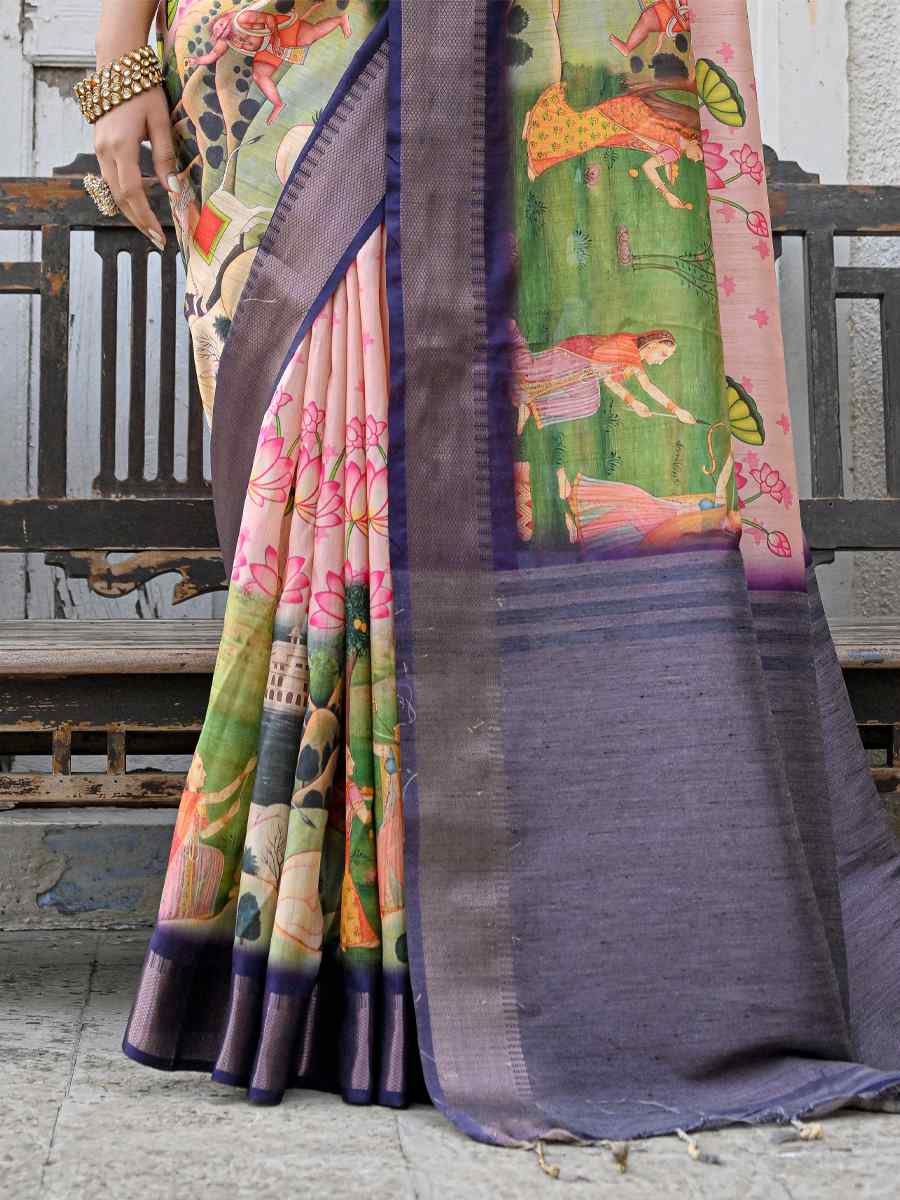 Peach Soft Tussar Silk Printed Festival Casual Contemporary Saree