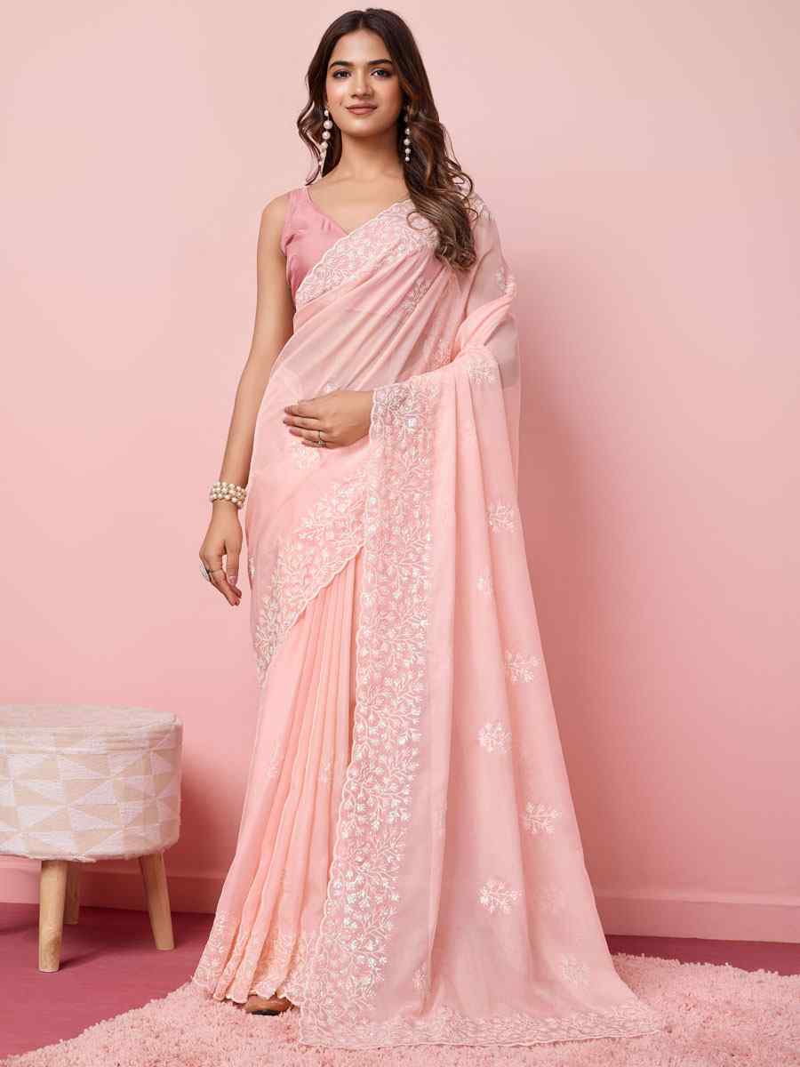 Peach Taby Silk Embroidered Wedding Festival Heavy Border Saree