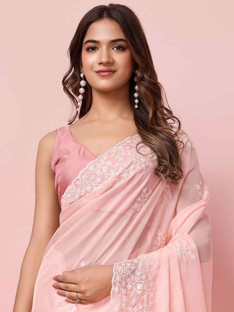 Peach Taby Silk Embroidered Wedding Festival Heavy Border Saree