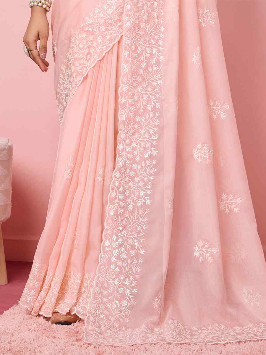 Peach Taby Silk Embroidered Wedding Festival Heavy Border Saree