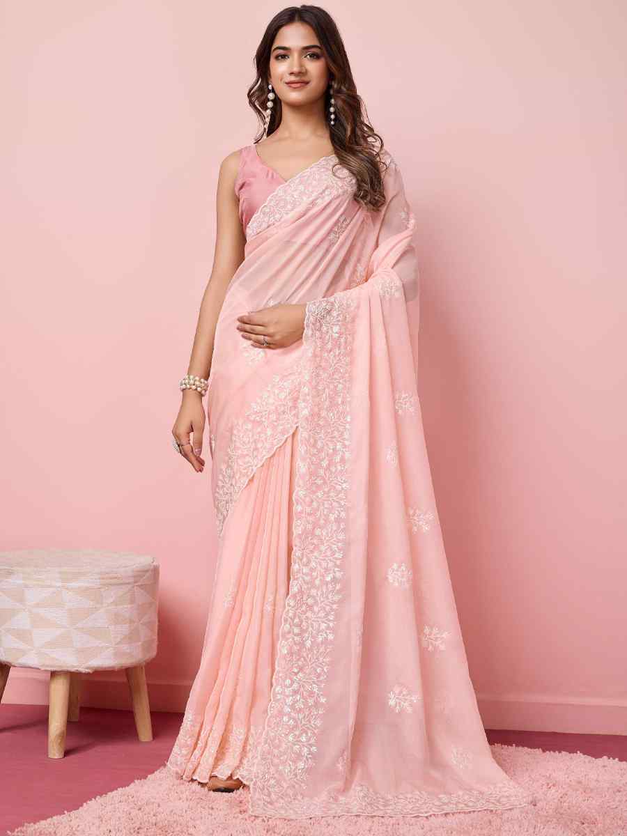 Peach Taby Silk Handwoven Festival Wedding Heavy Border Saree