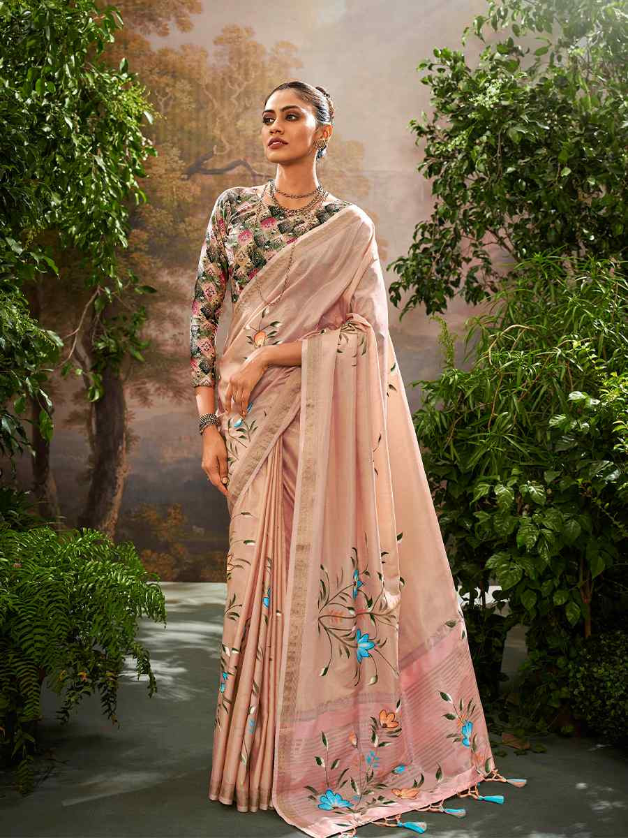 Peach Tissue Silk Handwoven Festival Casual Classic Style Saree