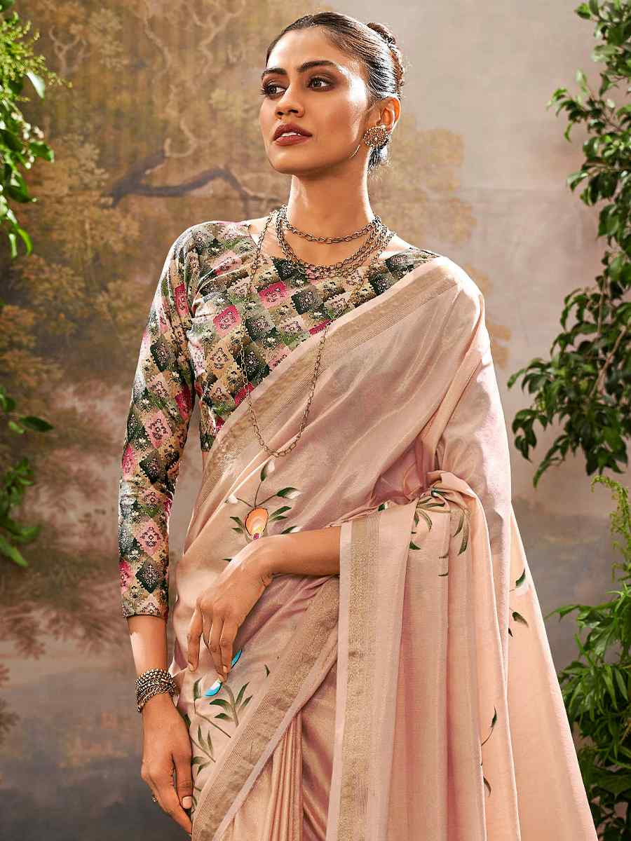 Peach Tissue Silk Handwoven Festival Casual Classic Style Saree