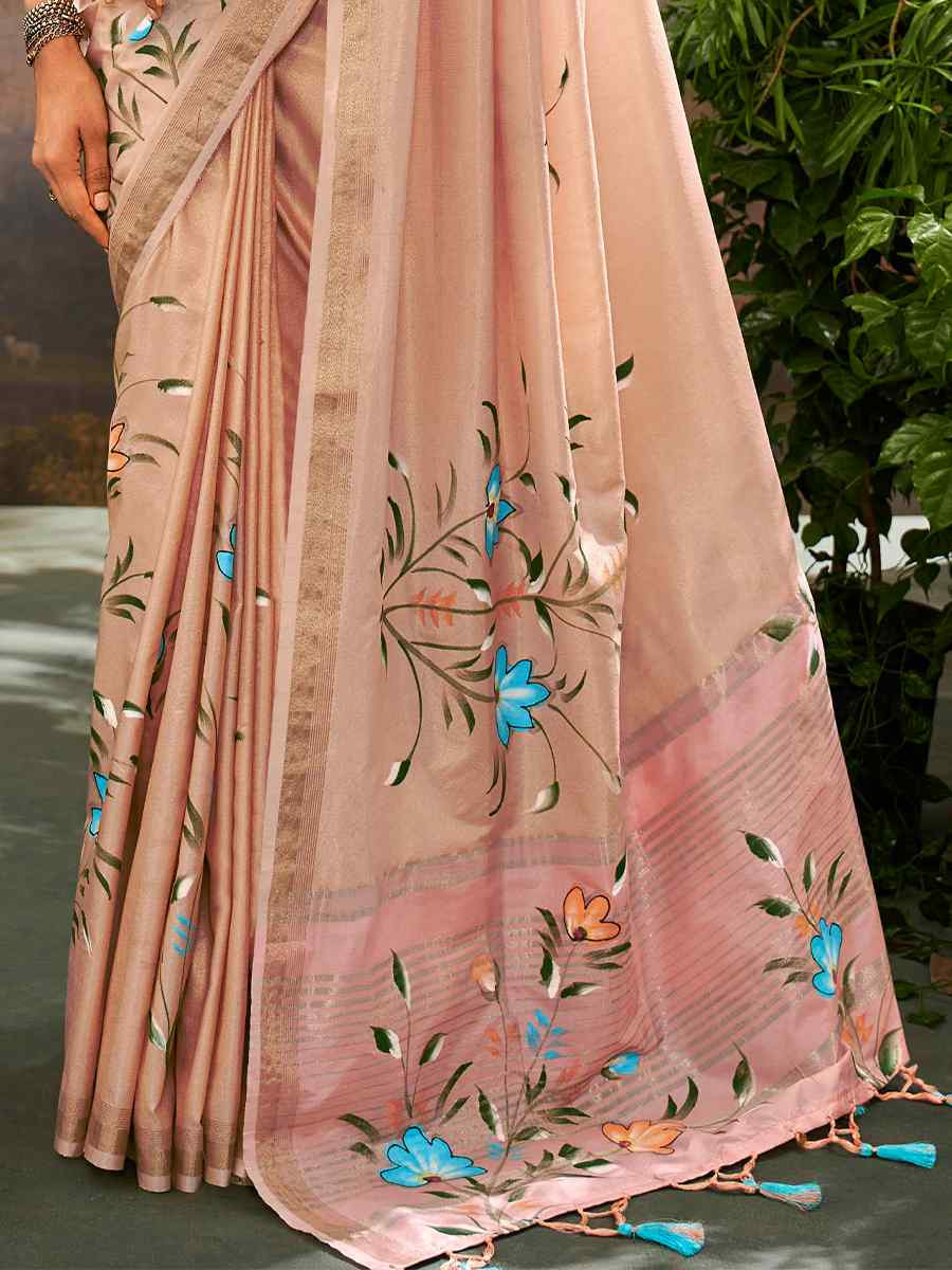 Peach Tissue Silk Handwoven Festival Casual Classic Style Saree