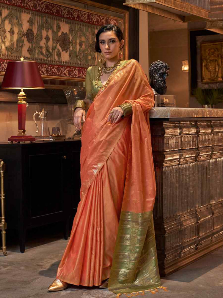 Peach Tissue Silk Handwoven Festival Wedding Heavy Border Saree