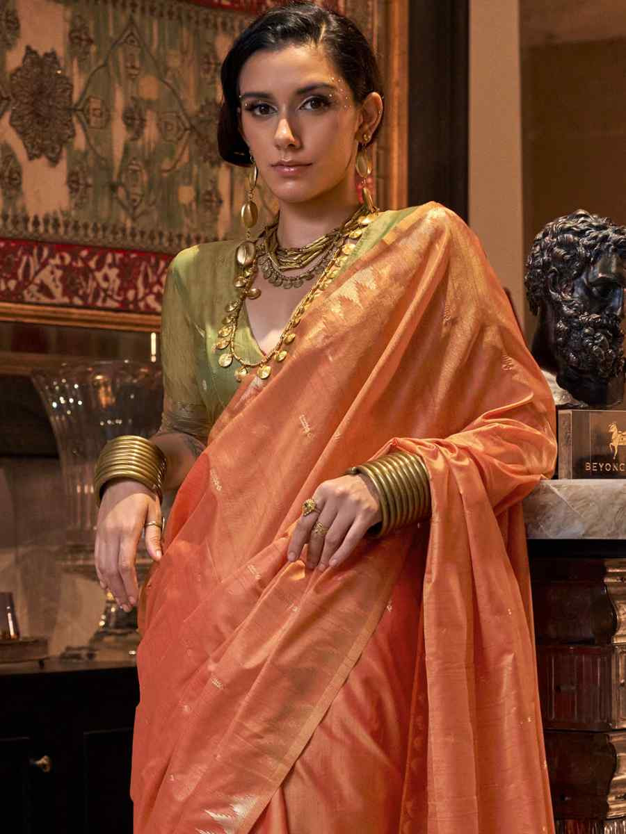 Peach Tissue Silk Handwoven Festival Wedding Heavy Border Saree