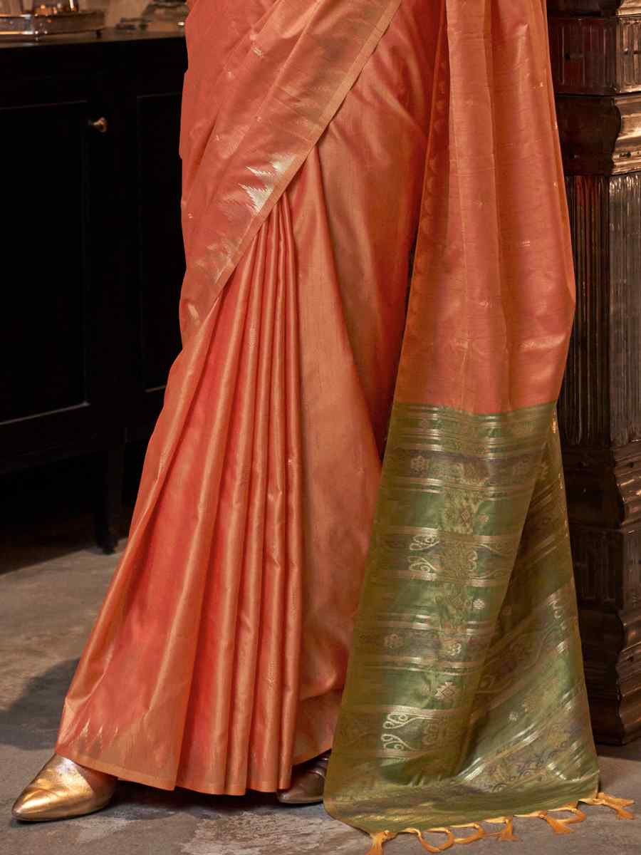 Peach Tissue Silk Handwoven Festival Wedding Heavy Border Saree