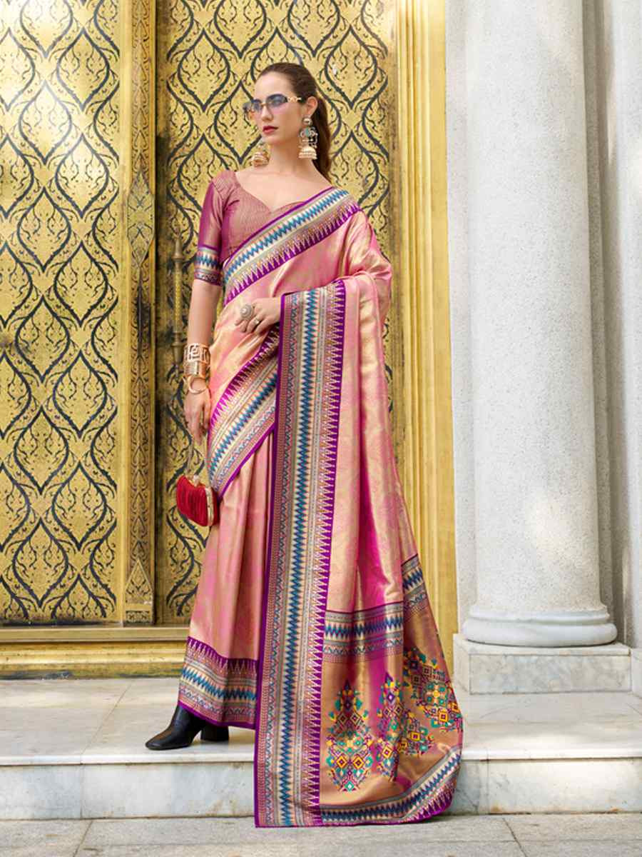 Peach Tissue Silk Handwoven Festival Wedding Heavy Border Saree