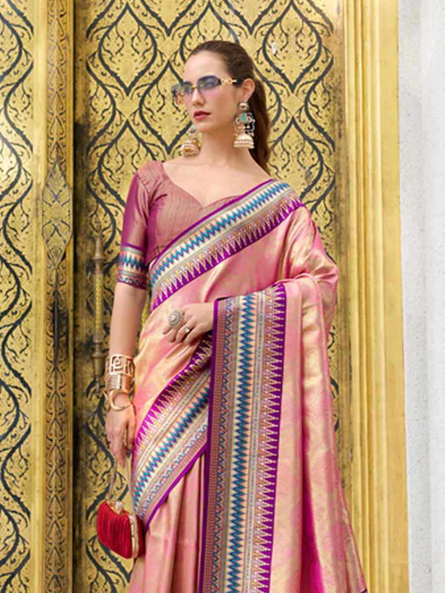 Peach Tissue Silk Handwoven Festival Wedding Heavy Border Saree