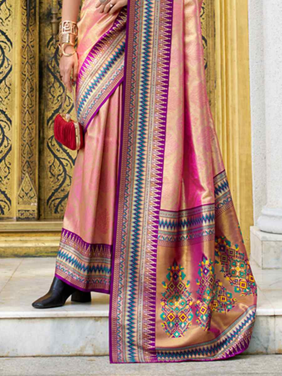 Peach Tissue Silk Handwoven Festival Wedding Heavy Border Saree