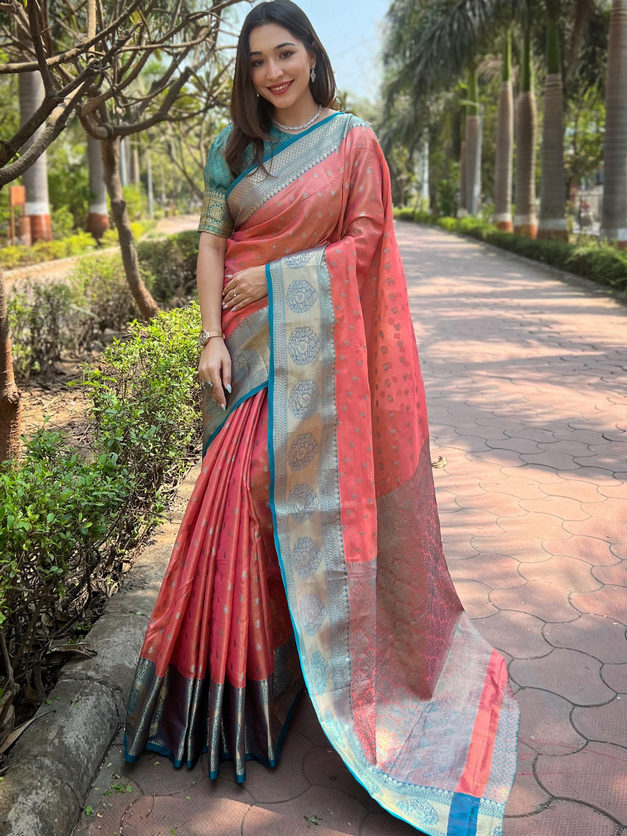 Peach Tissue Silk Handwoven Festival Wedding Heavy Border Saree