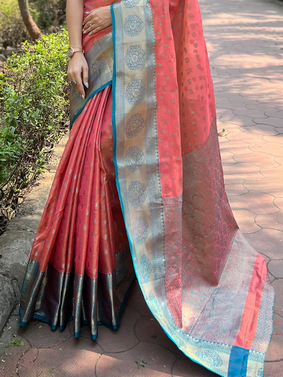 Peach Tissue Silk Handwoven Festival Wedding Heavy Border Saree