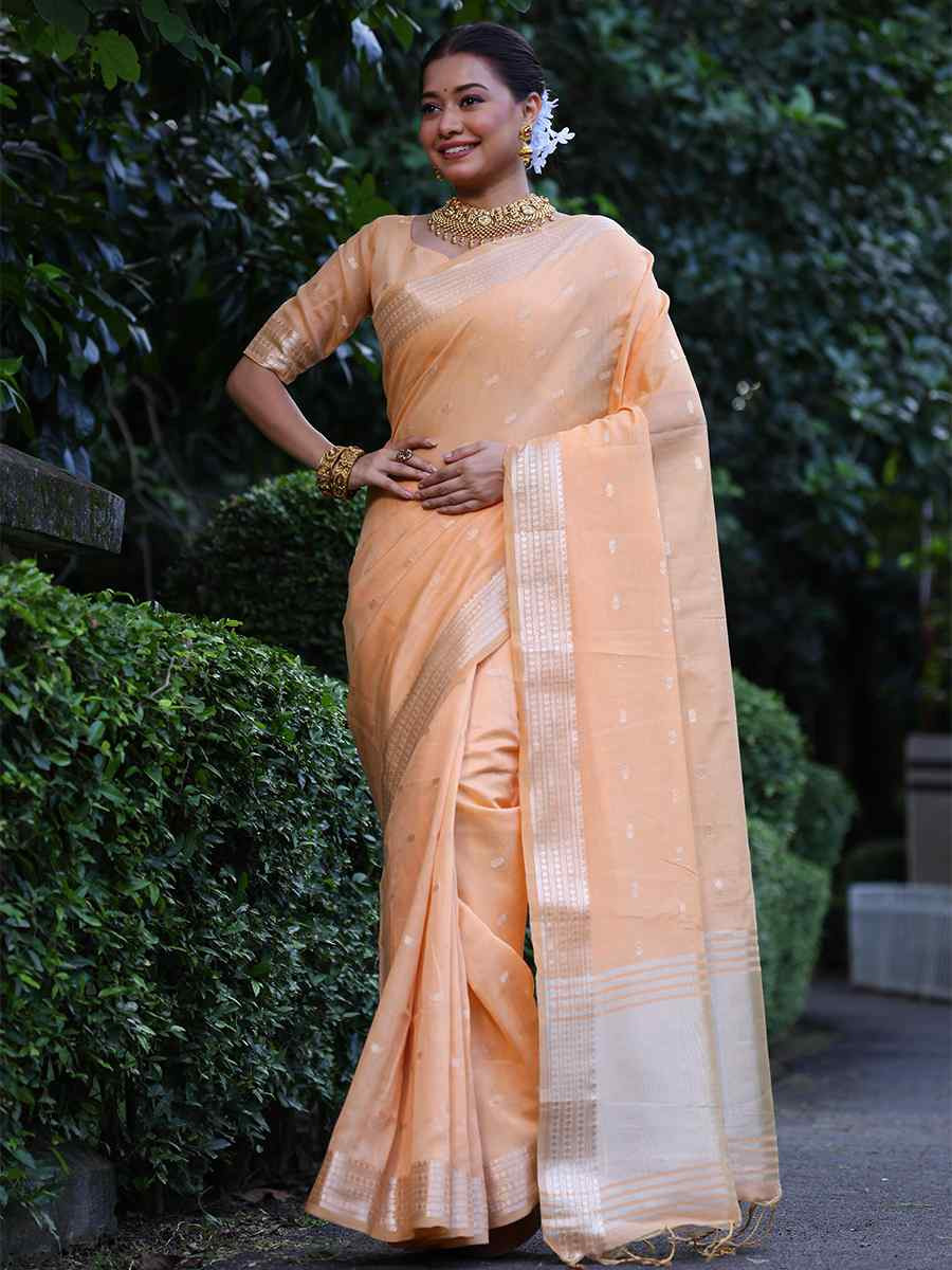 Peach Tissue Silk Handwoven Festival Wedding Heavy Border Saree