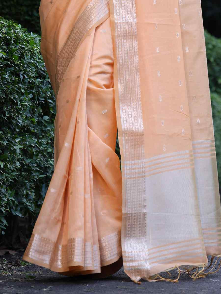 Peach Tissue Silk Handwoven Festival Wedding Heavy Border Saree