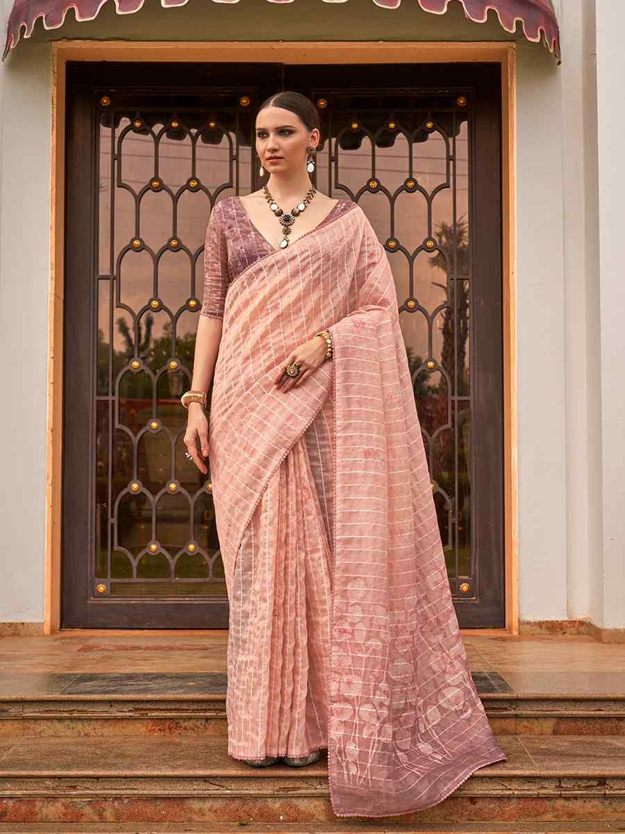 Peach Tissue Silk Printed Festival Casual Contemporary Saree