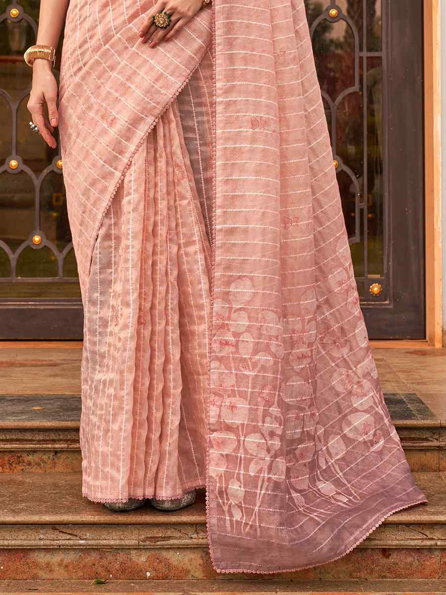 Peach Tissue Silk Printed Festival Casual Contemporary Saree