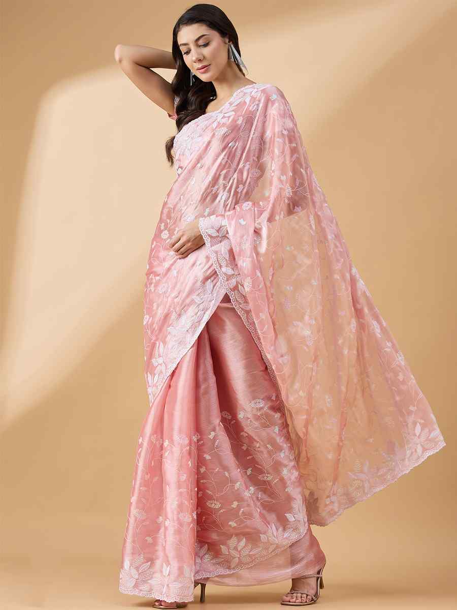 Peach Tissue Slub Handwoven Wedding Festival Heavy Border Saree