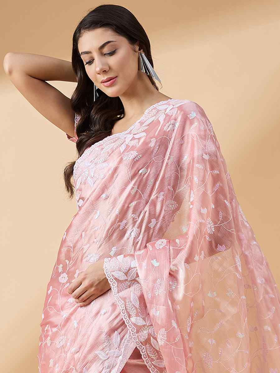 Peach Tissue Slub Handwoven Wedding Festival Heavy Border Saree