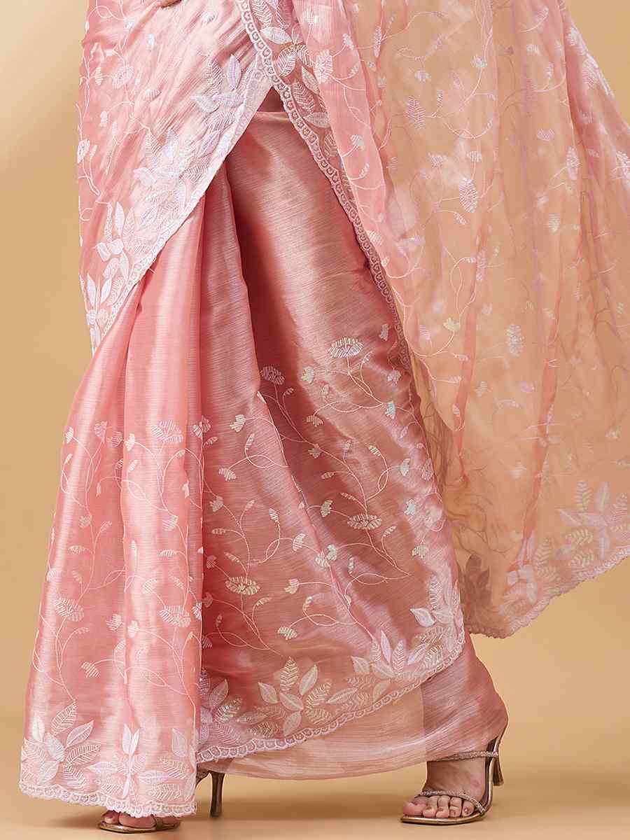 Peach Tissue Slub Handwoven Wedding Festival Heavy Border Saree