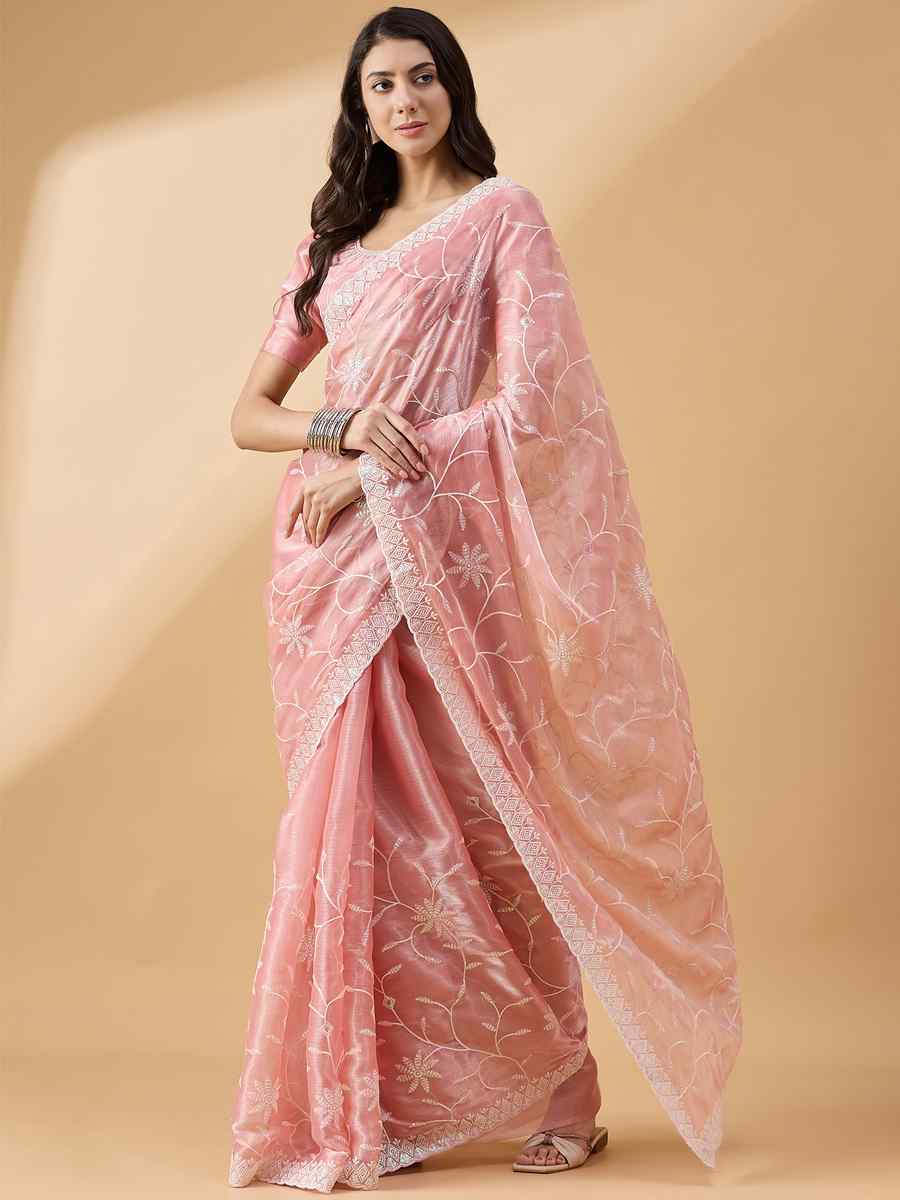 Peach Tissue Slub Handwoven Wedding Festival Heavy Border Saree