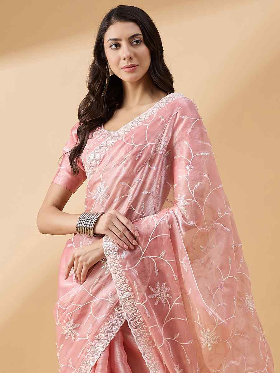 Peach Tissue Slub Handwoven Wedding Festival Heavy Border Saree