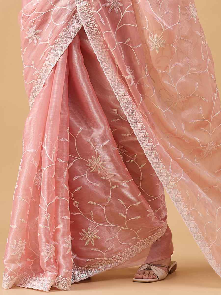 Peach Tissue Slub Handwoven Wedding Festival Heavy Border Saree