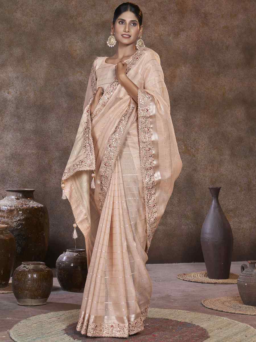 Peach Top Dyed Silk Embroidered Wedding Festival Heavy Border Saree