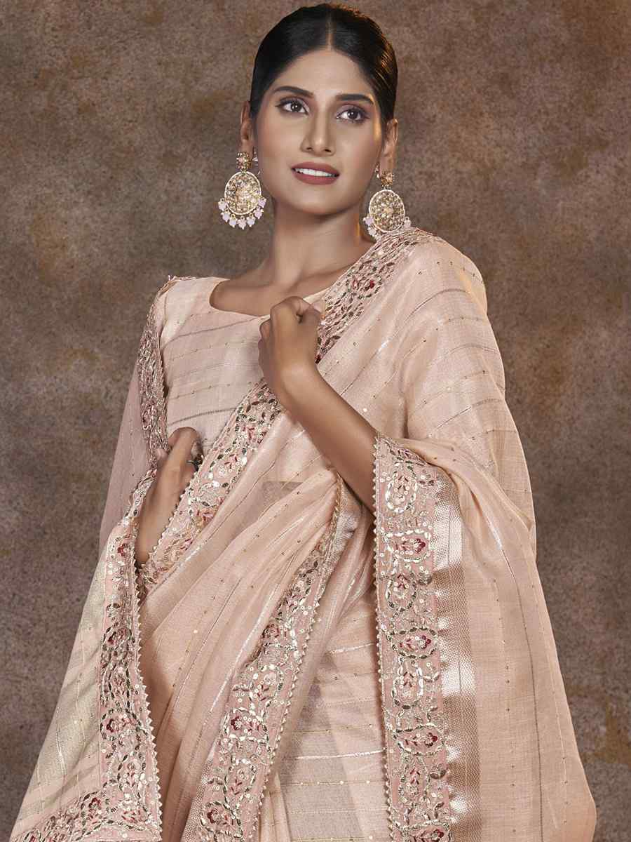 Peach Top Dyed Silk Embroidered Wedding Festival Heavy Border Saree