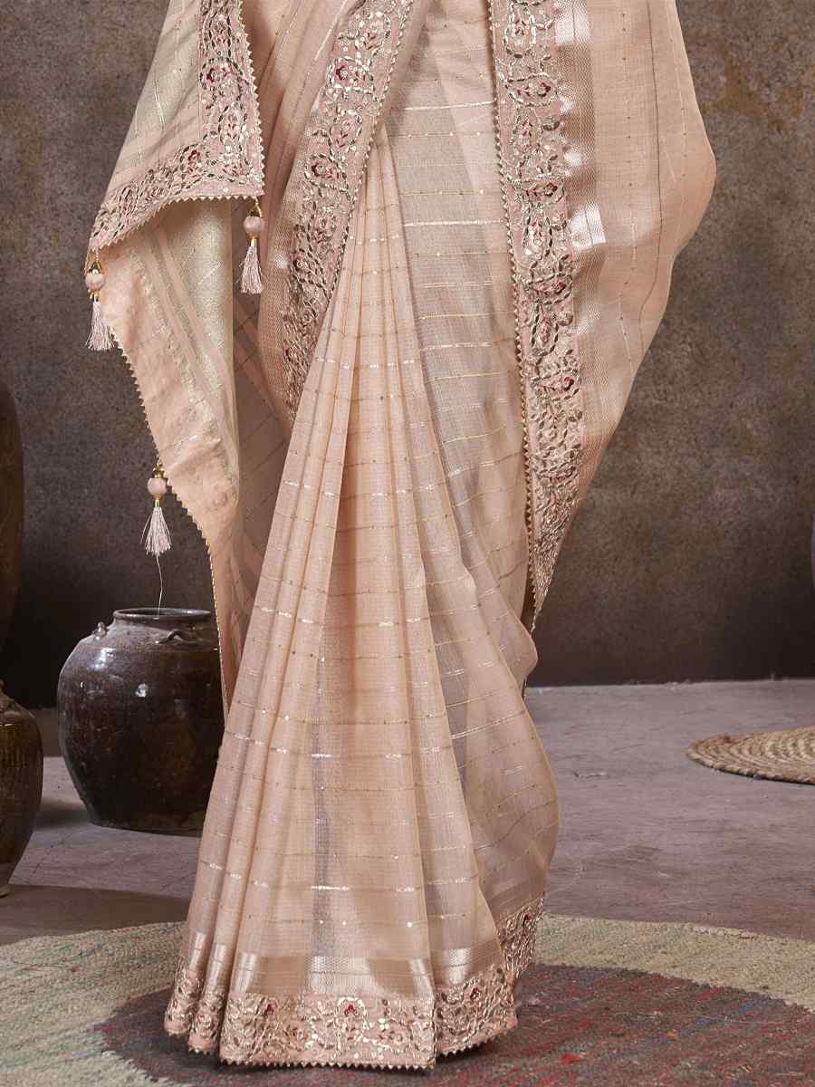 Peach Top Dyed Silk Embroidered Wedding Festival Heavy Border Saree