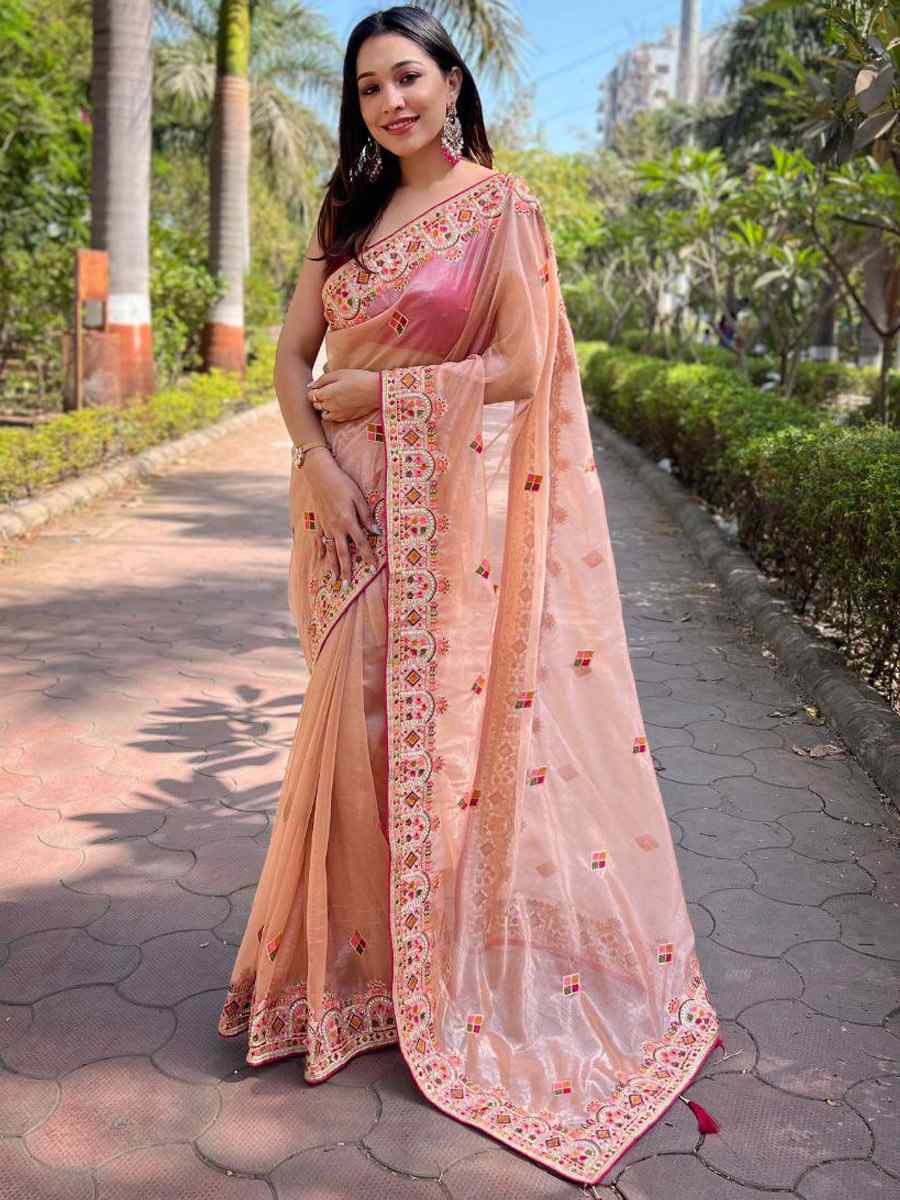 Peach Twill Net Embroidered Party Reception Heavy Border Saree