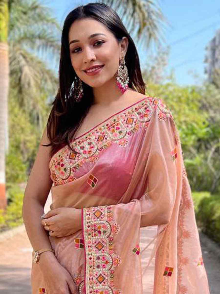 Peach Twill Net Embroidered Party Reception Heavy Border Saree