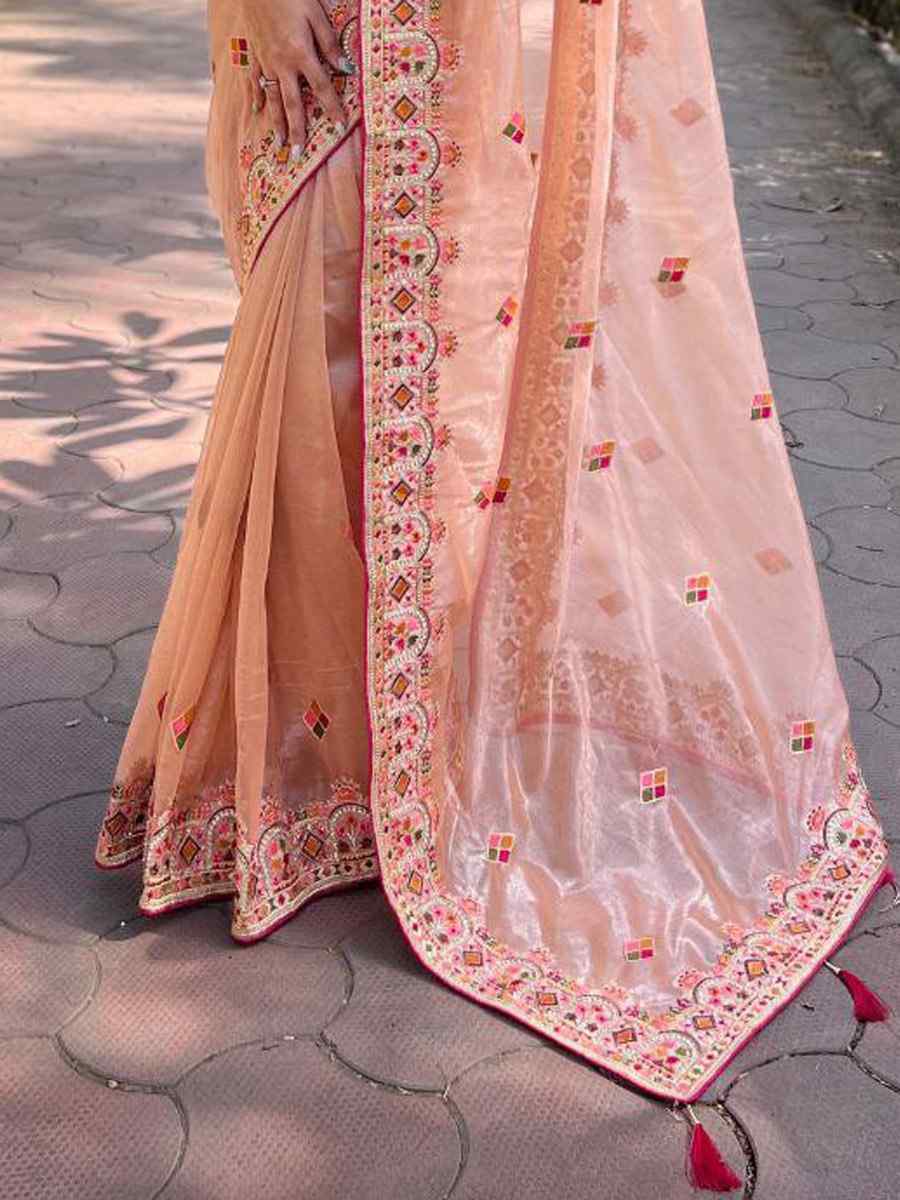 Peach Twill Net Embroidered Party Reception Heavy Border Saree