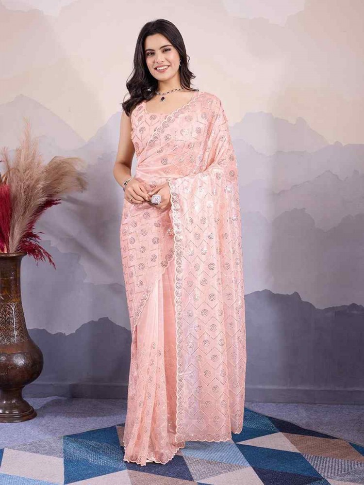 Peach Twill Net Handwoven Festival Wedding Heavy Border Saree