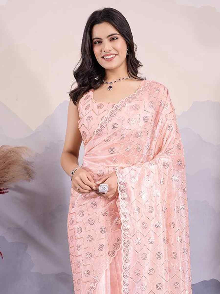 Peach Twill Net Handwoven Festival Wedding Heavy Border Saree