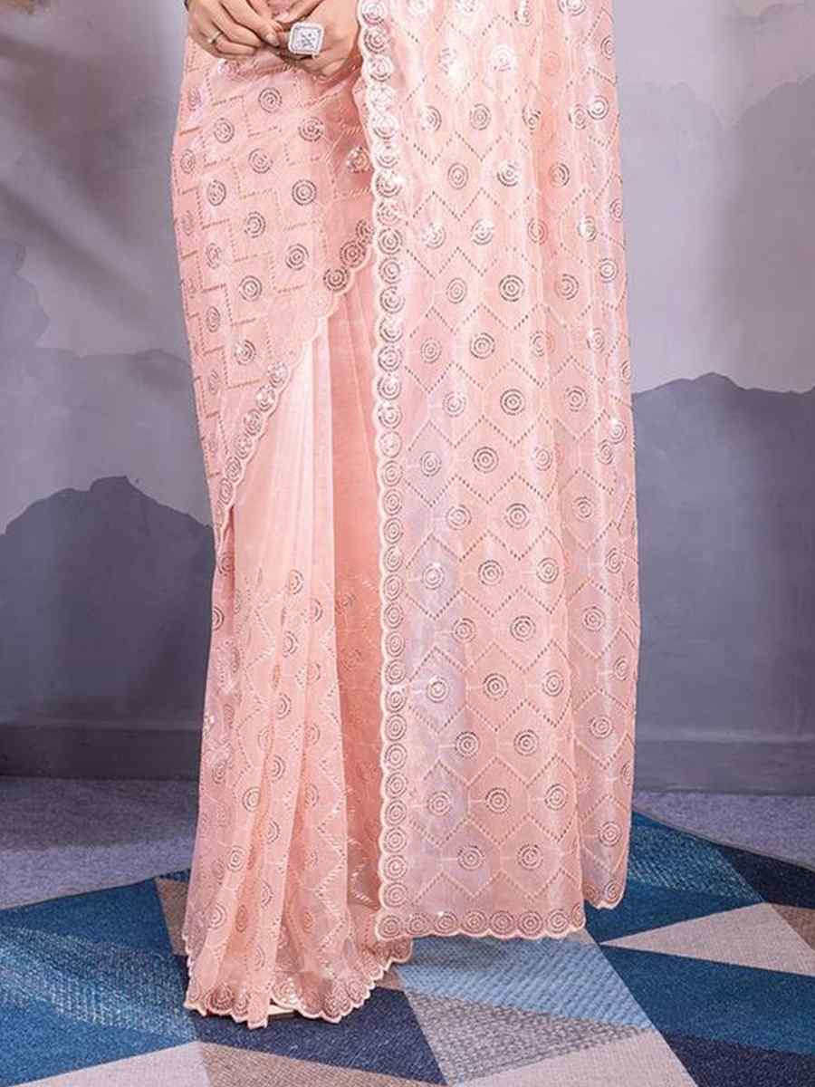 Peach Twill Net Handwoven Festival Wedding Heavy Border Saree