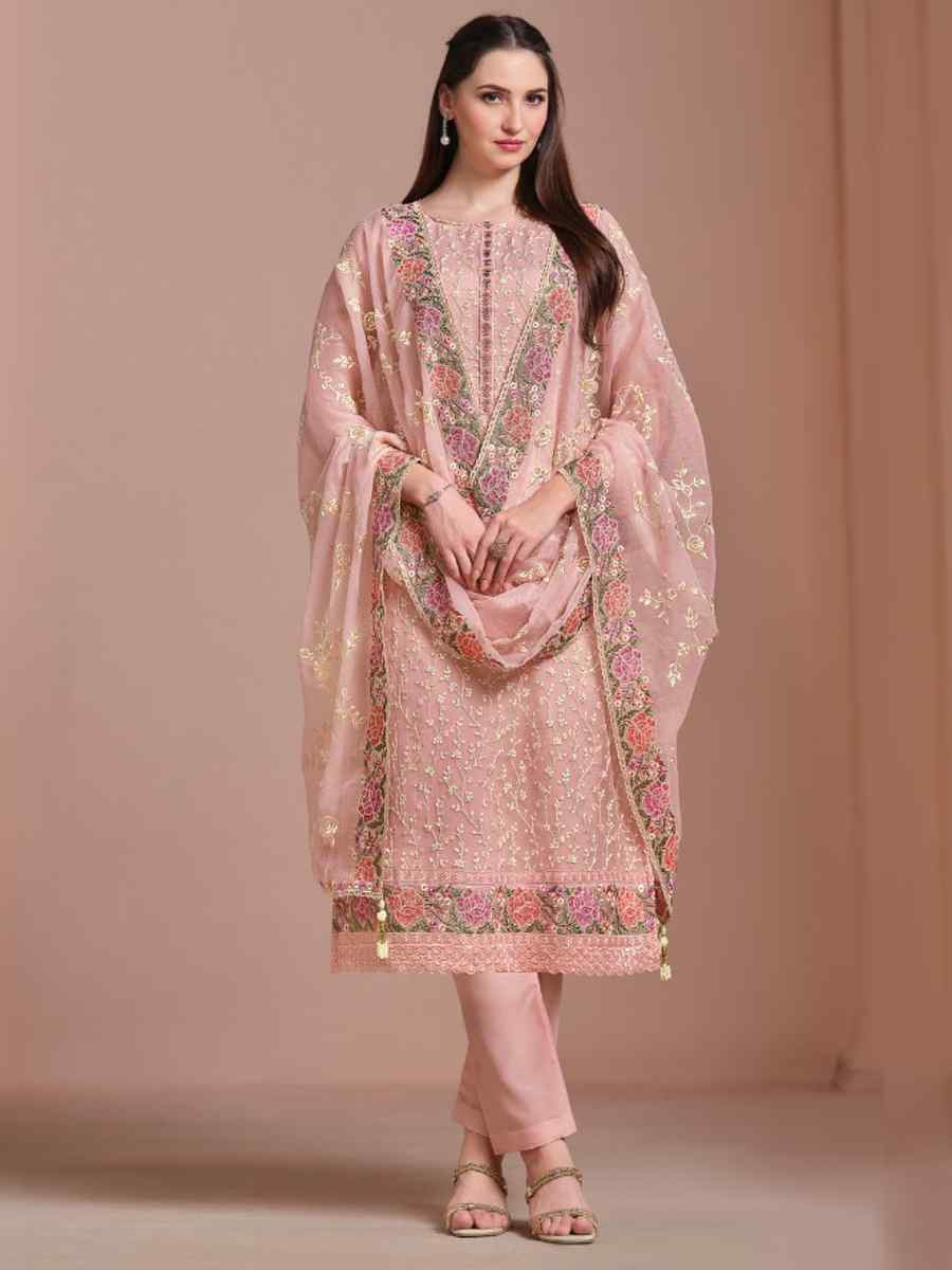 Peach Twinkle Chiffon Embroidered Festival Wedding Pant Salwar Kameez