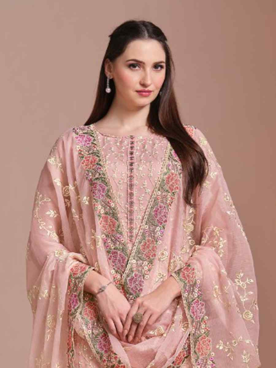 Peach Twinkle Chiffon Embroidered Festival Wedding Pant Salwar Kameez