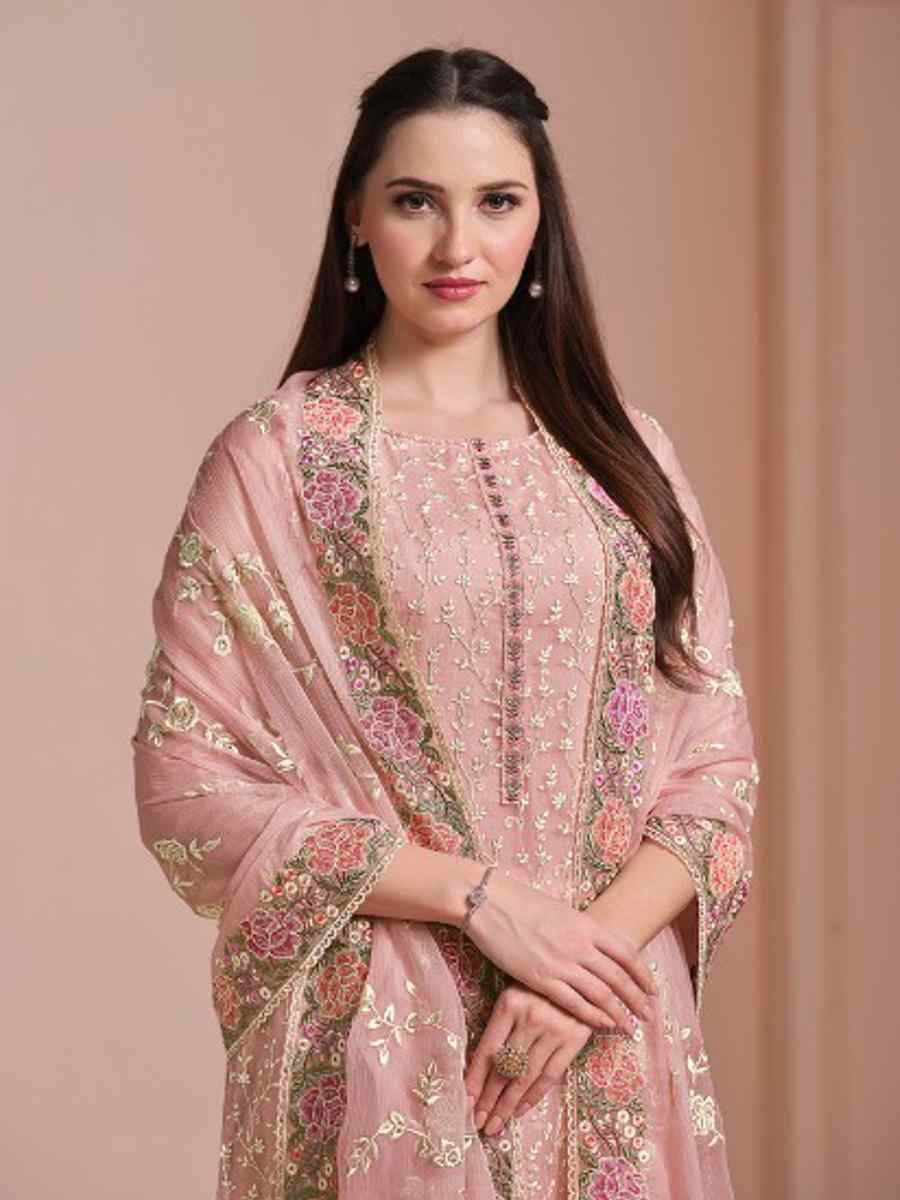 Peach Twinkle Chiffon Embroidered Festival Wedding Pant Salwar Kameez