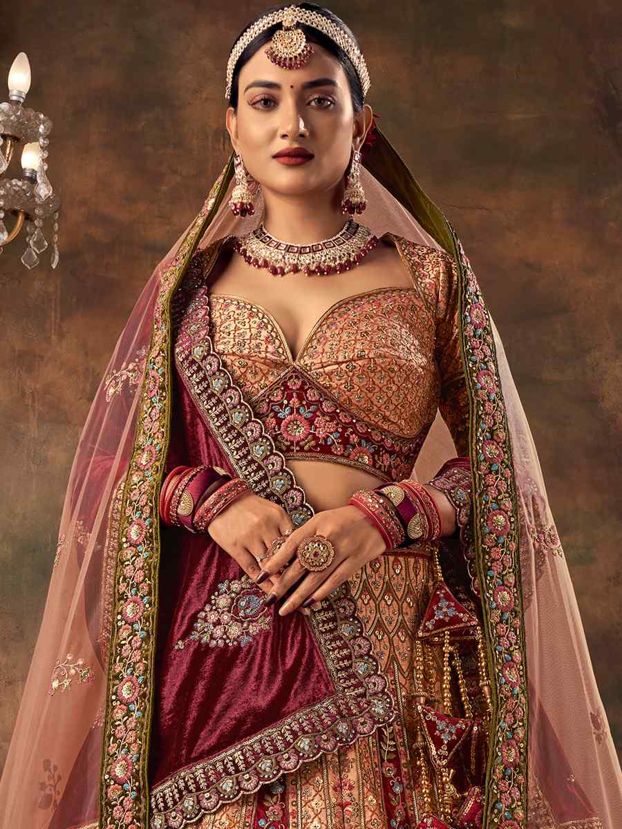 Peach Velvet Embroidered Bridal Wedding Heavy Border Lehenga Choli