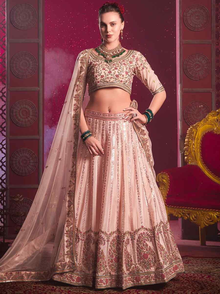 Peach Venila Shine Silk Embroidered Bridesmaid Wedding Heavy Border Lehenga Choli